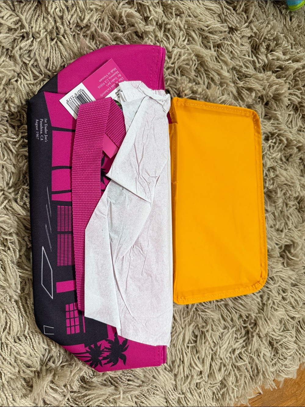 Trader Joe’s Bright Pink and Yellow Mini insulated lunch cooler.